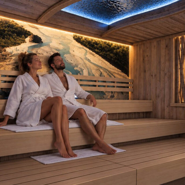 Ein Paar genießt in entspannter Atmosphäre die wohltuende Wärme in der Lechsauna mit stimmungsvoller Beleuchtung und alpinem Ambiente.